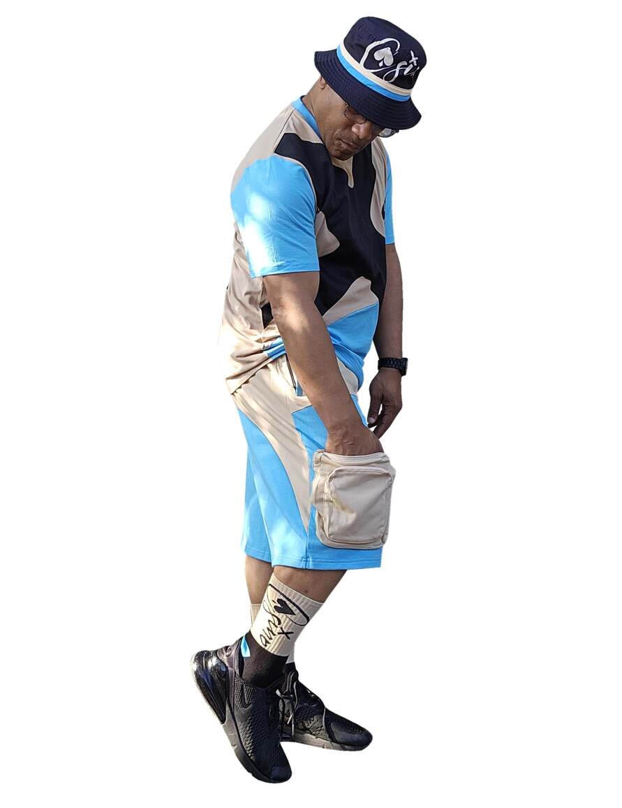 STATUHS 2pc CARGO APPLIQUE SHORT SET WITH MATCHING BUCKET HAT & SOCKS