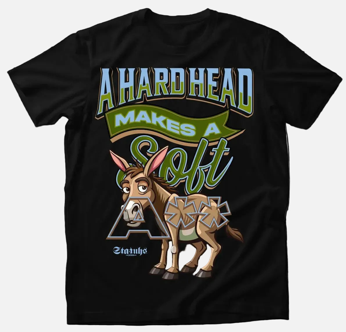 A black short-sleeve graphic t-shirt featuring a cartoon donkey and the text 'A HARD HEAD MAKES A Soft' with '21JUGS' printed below, shown against a plain white background.