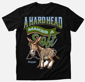 A black short-sleeve graphic t-shirt featuring a cartoon donkey and the text 'A HARD HEAD MAKES A Soft' with '21JUGS' printed below, shown against a plain white background.